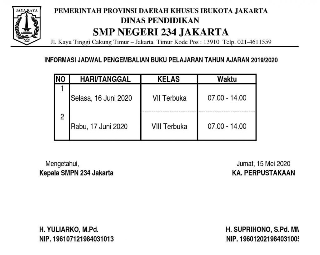 JADWAL PENGEMBALIAN BUKU TERBUKA KELAS 7 DAN 8