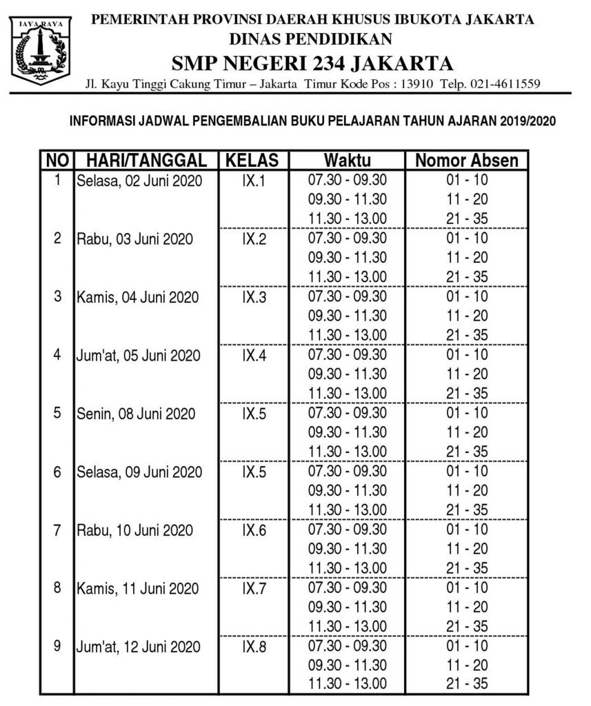 JADWAL PENGEMBALIAN BUKU KELAS 9